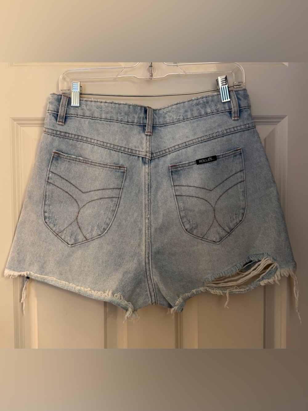 Rolla’s High Rise Cut Off Denim Shorts in Distressed Super Light Wash, 10/30 - Picture 6 of 12
